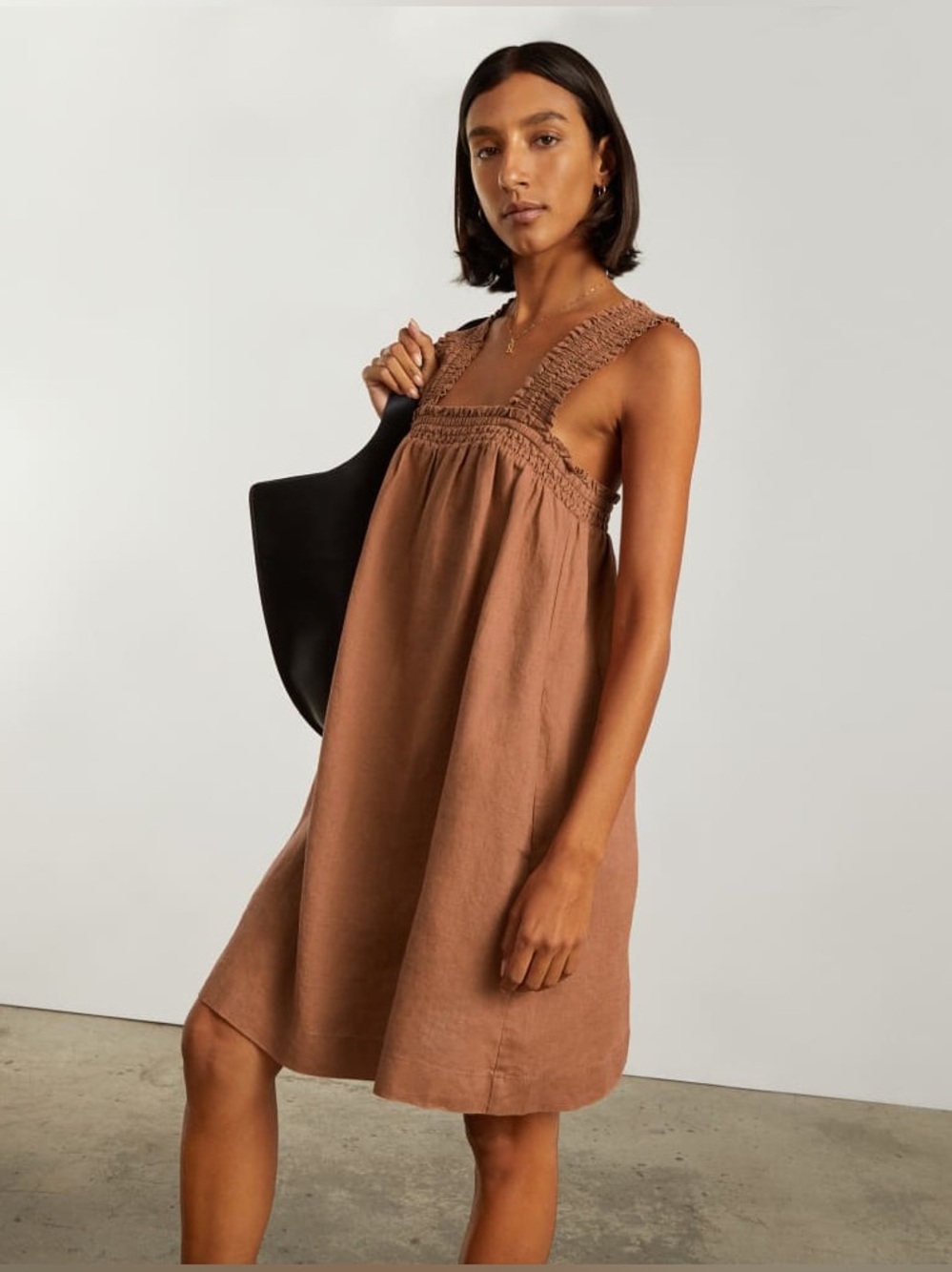 Everlane Tawny Brown Smocked Strap Linen Dress